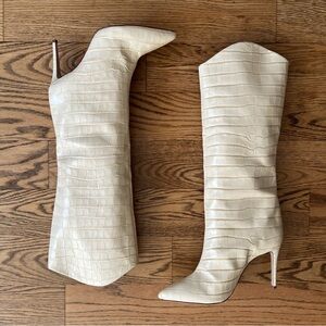 SCHUTZ Maryana Stiletto Heels Leather Knee High Boot Croco Eggshell Size 11